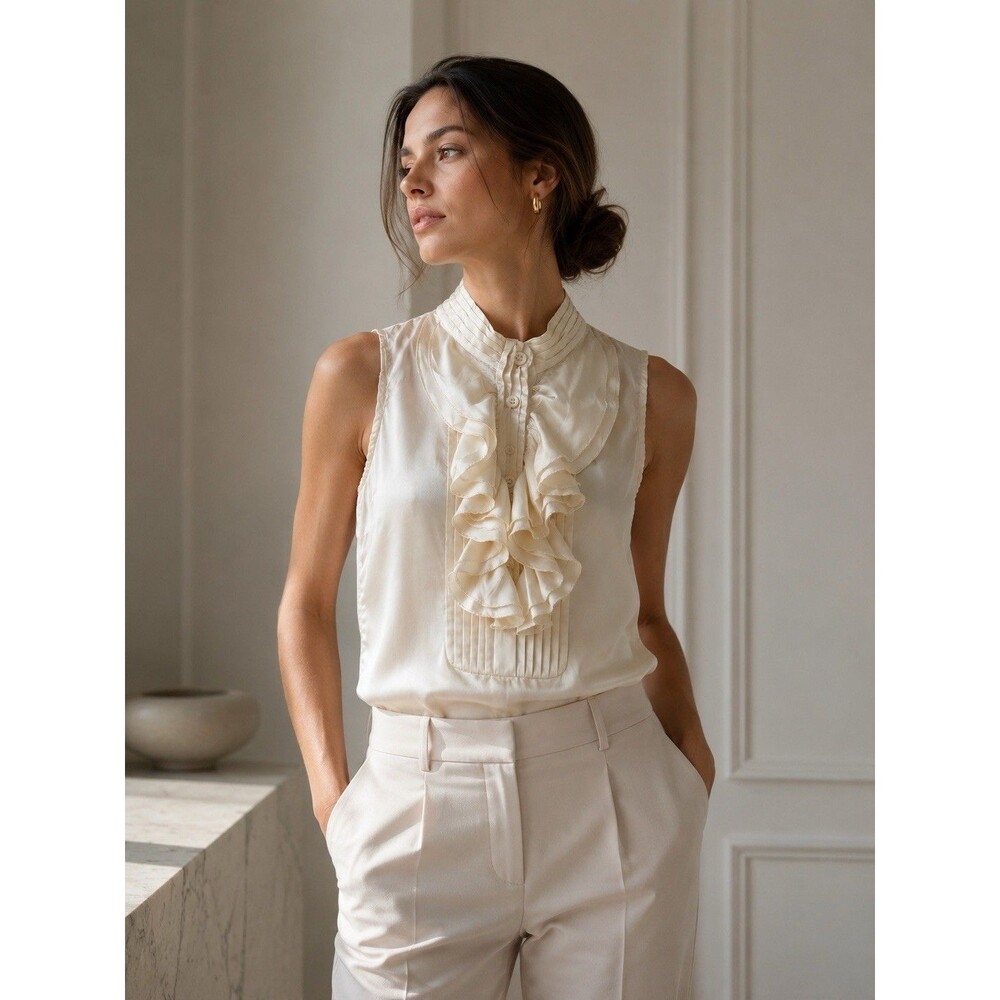 J.Crew 100% Silk Ruffle Sleeveless Blouse Ivory Cream Size 6 High Neck Pintuck